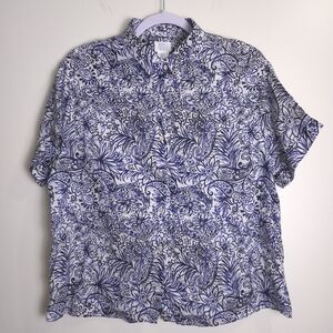 Sigrid Olsen‎ 100% Linen Floral Paisley Abstract Artsy Short-Sleeve Shirt M